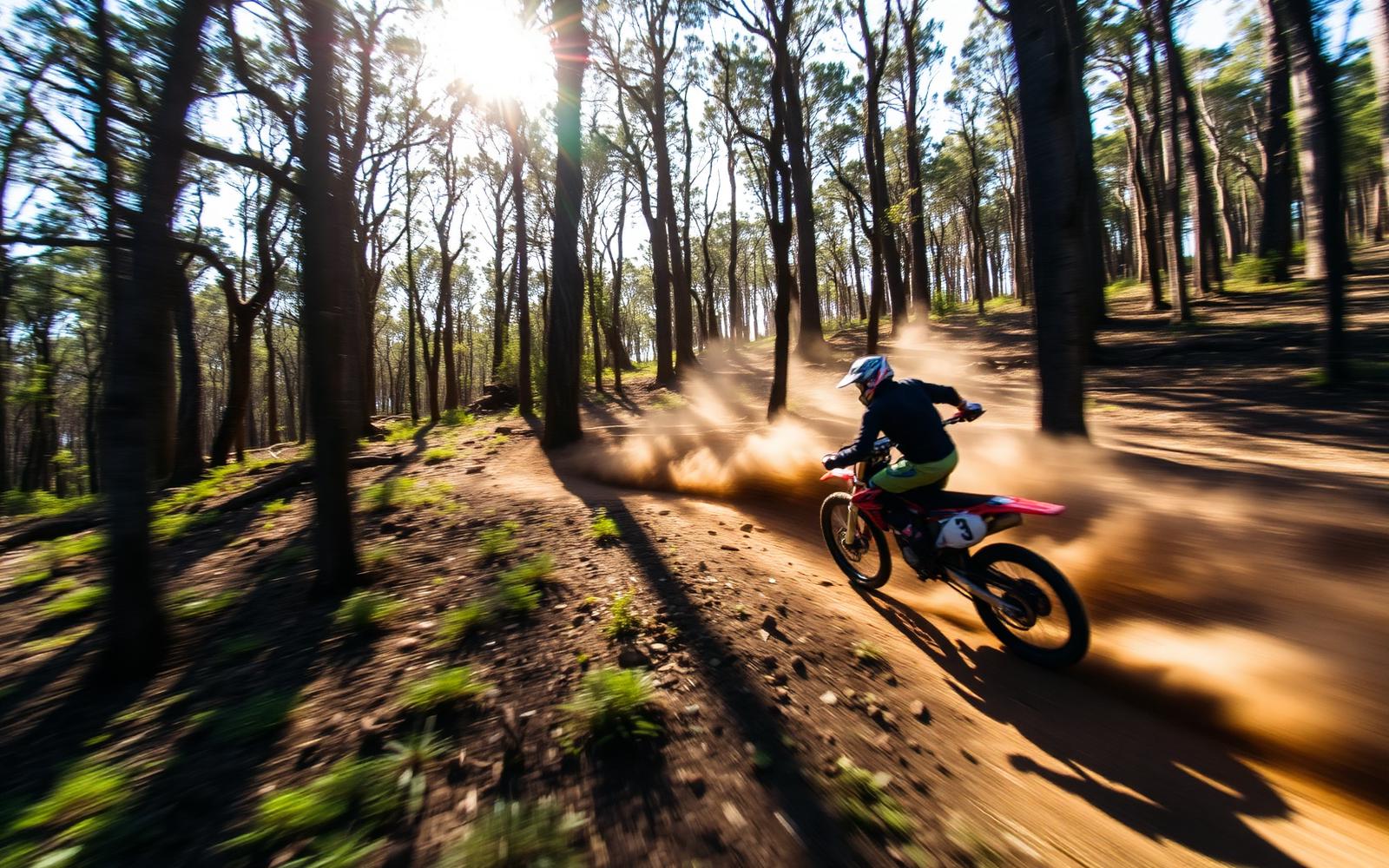 Dirt bike rider on a forest trail in the high country