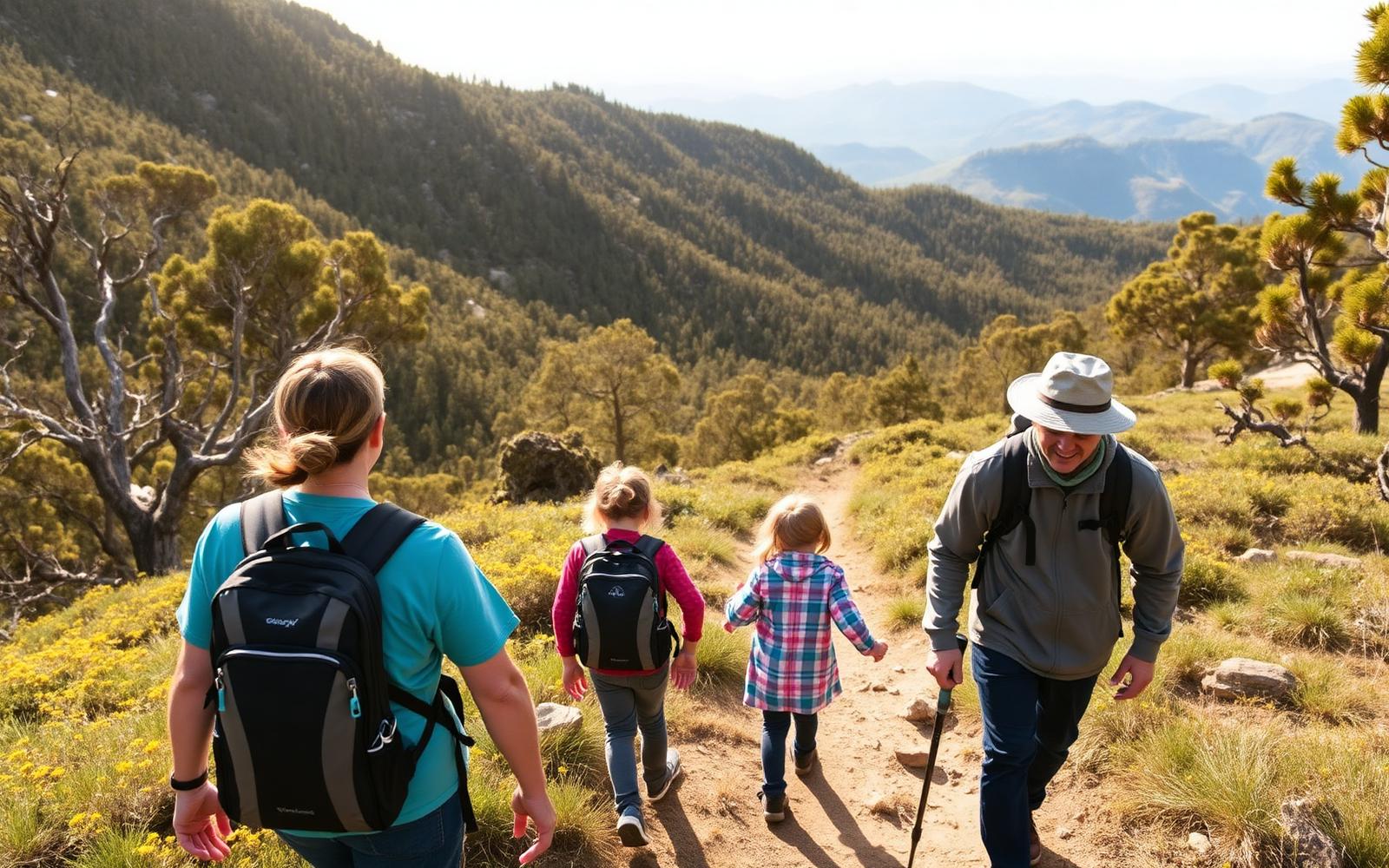 Family hiking on an alpine trail near Mount Buller